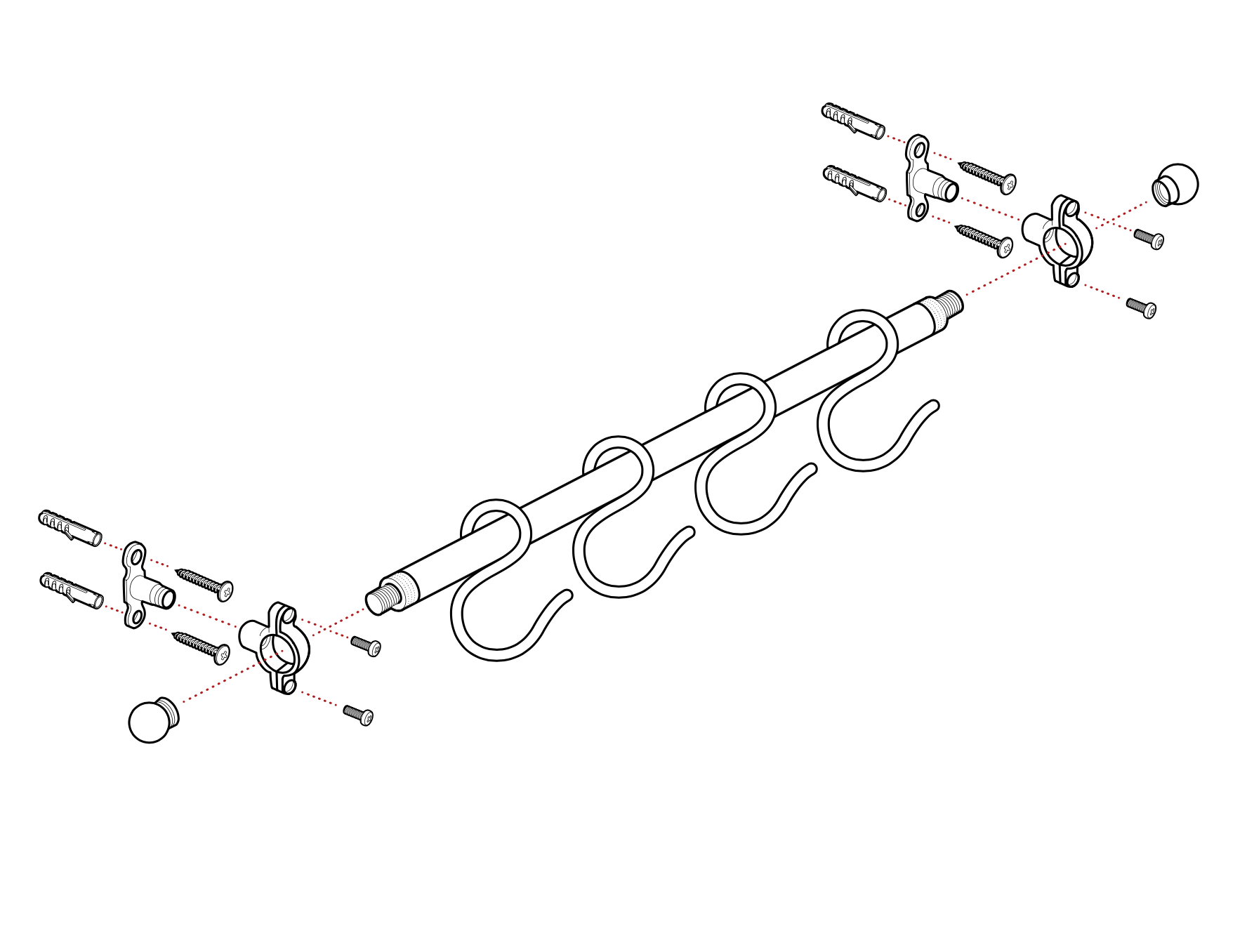 Black and white exploded view diagram of a kitchen rod set with hanging hooks and mounting hardware on a solid white background.