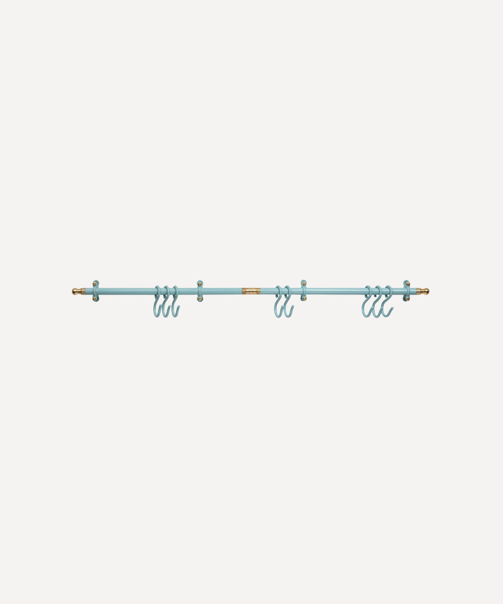 A pastel turquoise kitchen metal rail with multiple hooks, shown against a solid off-white background.