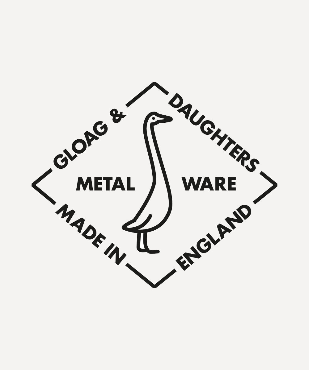 A black metal-style logo graphic on a light gray background, featuring a goose silhouette in the center with the words 'GLOAG & DAUGHTERS', 'METAL WARE', 'MADE IN ENGLAND', and a diamond border.