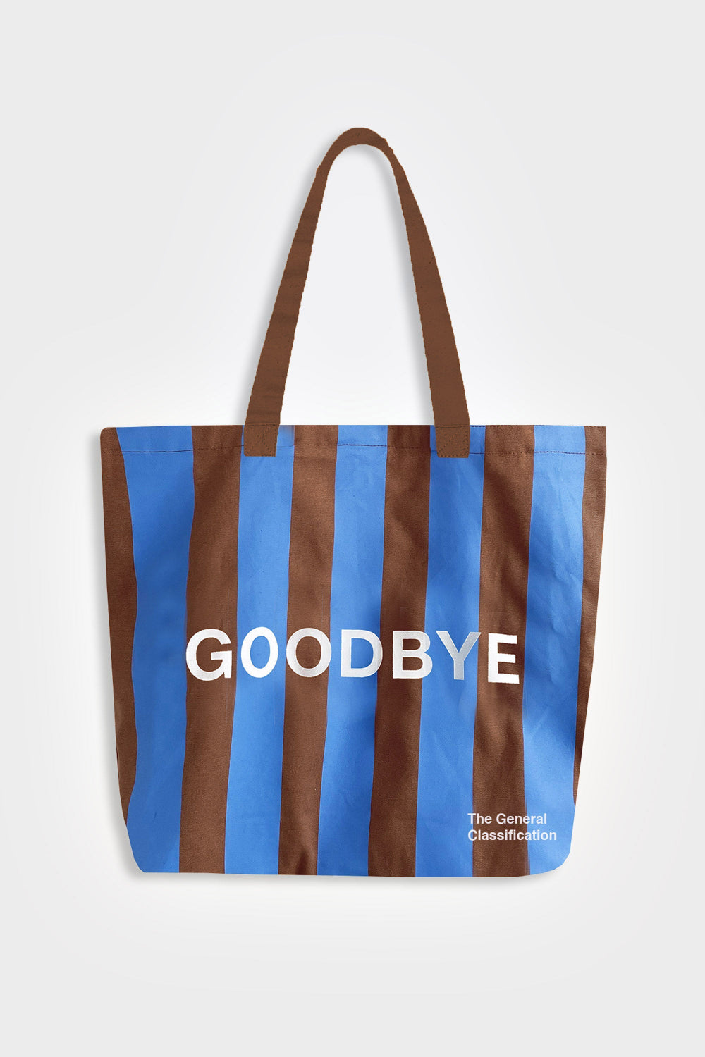 Tote bag with brown and blue striped pattern and 'GOODBYE' text on a white background