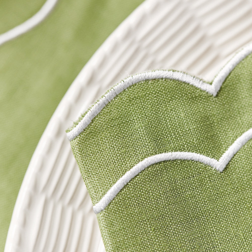 Close-up of green fabric with white embroidery on a textured surface