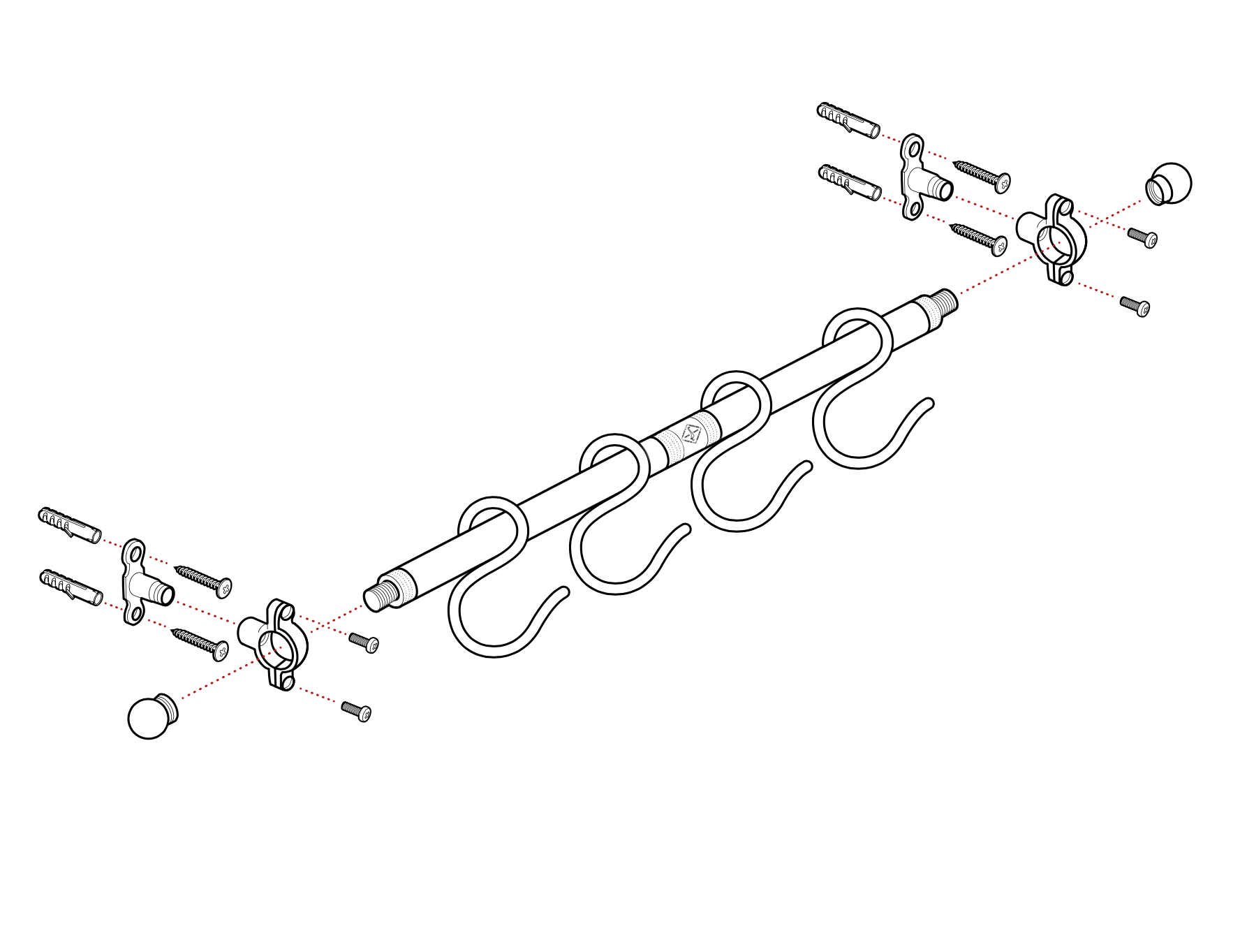 An exploded-view line drawing of a hanging rod set with hooks and mounting hardware on a plain white background.