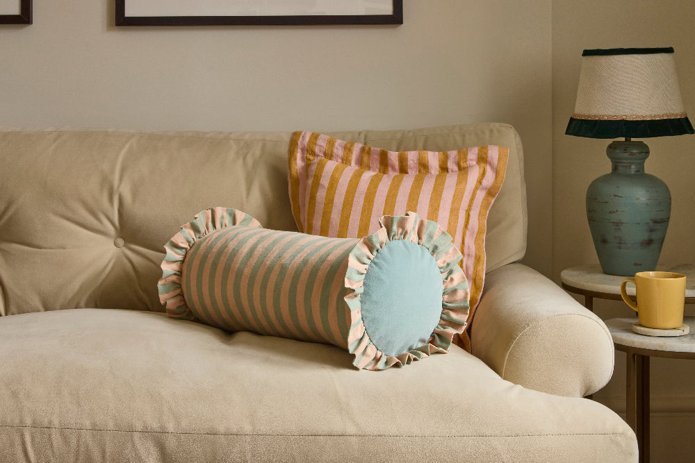 Handmade jade and sand striped bolster cushion by Kika Bespoke