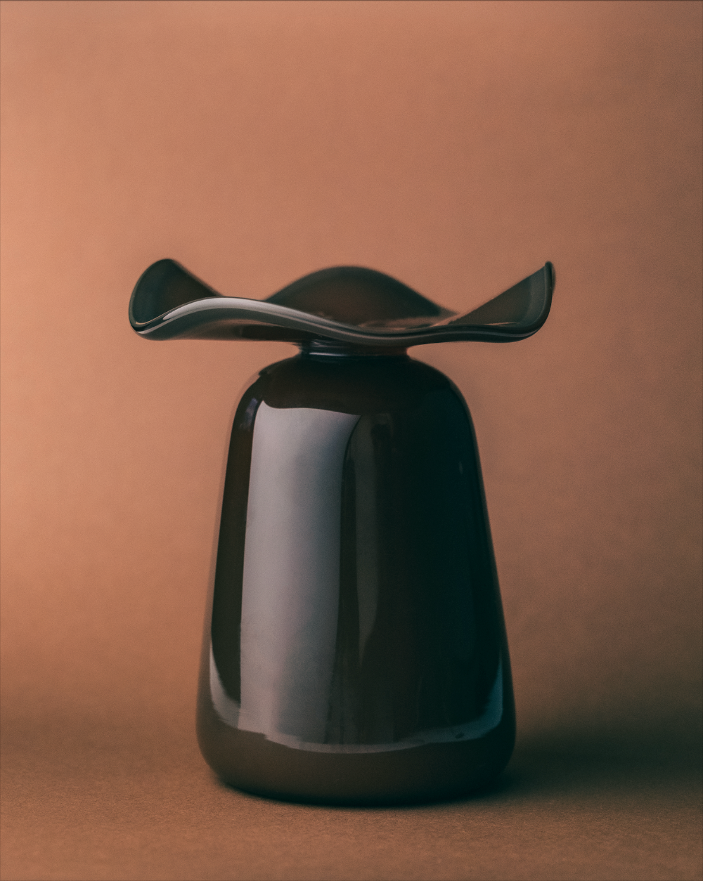 Black glass vase with a curved design on a brown background