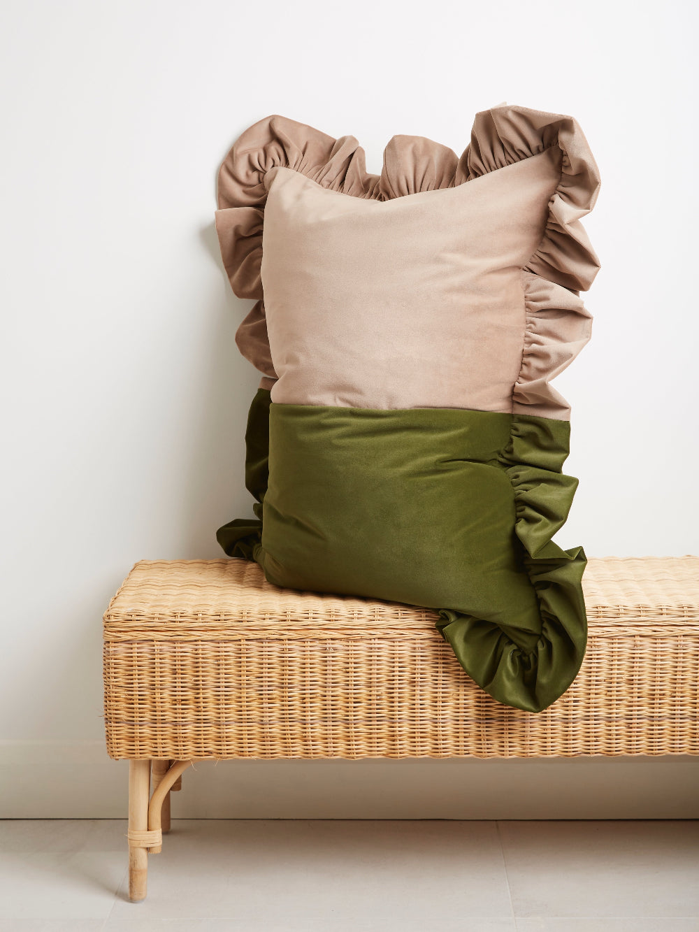 Handmade colour block velvet cushion in Stone and Forest Green