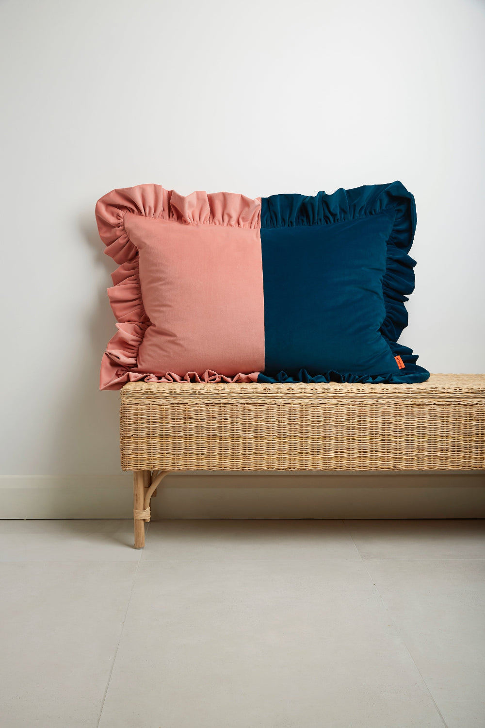 Handmade colour block velvet cushion in Teal and Coral