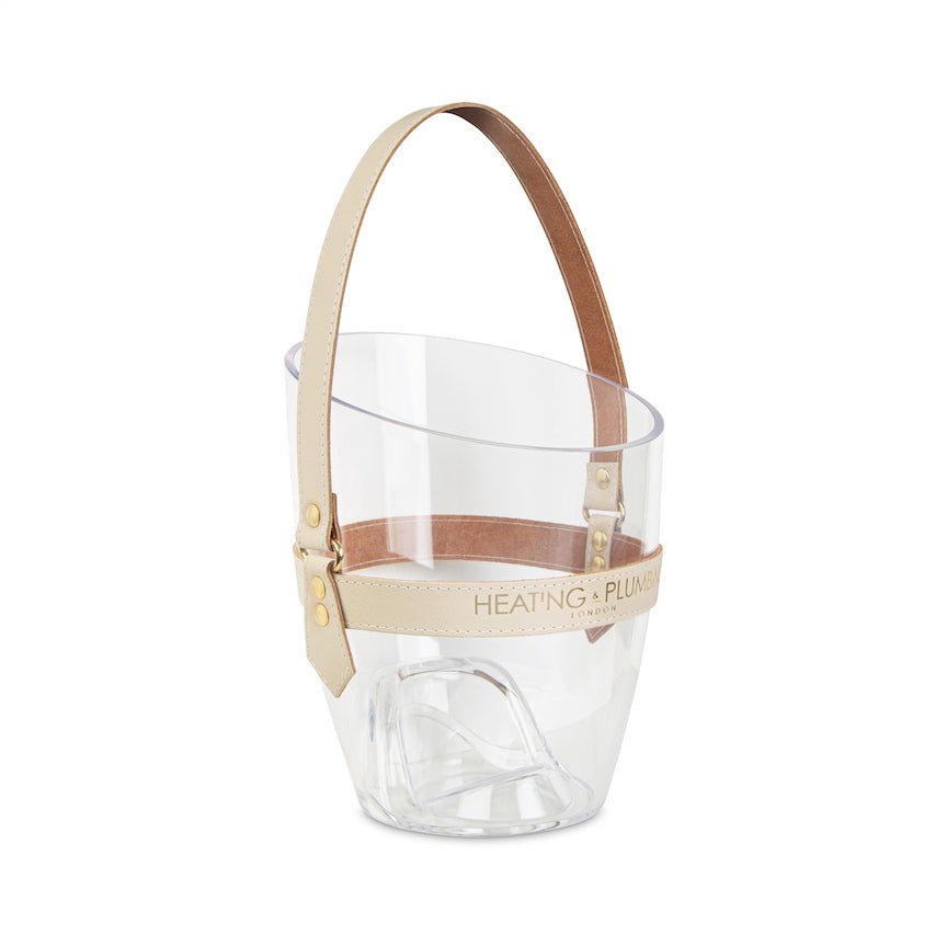 Clear champagne bucket with beige handle and strap on a white background