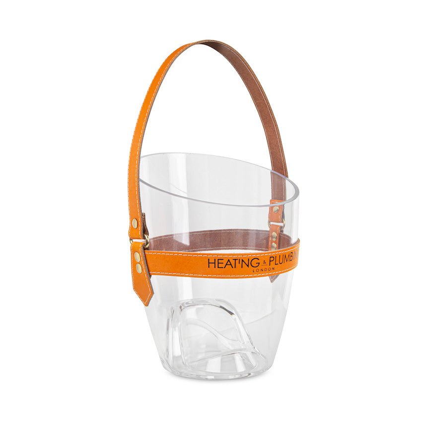Clear wine bucket with an orange strap and brown handle on a white background