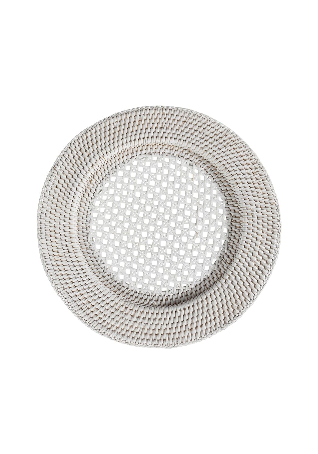Round woven charger plate on a white background