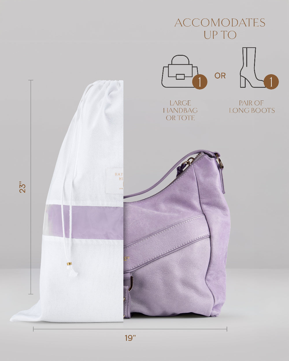 Purple bag with dimensions and capacity information for drawstring bag on a grey background