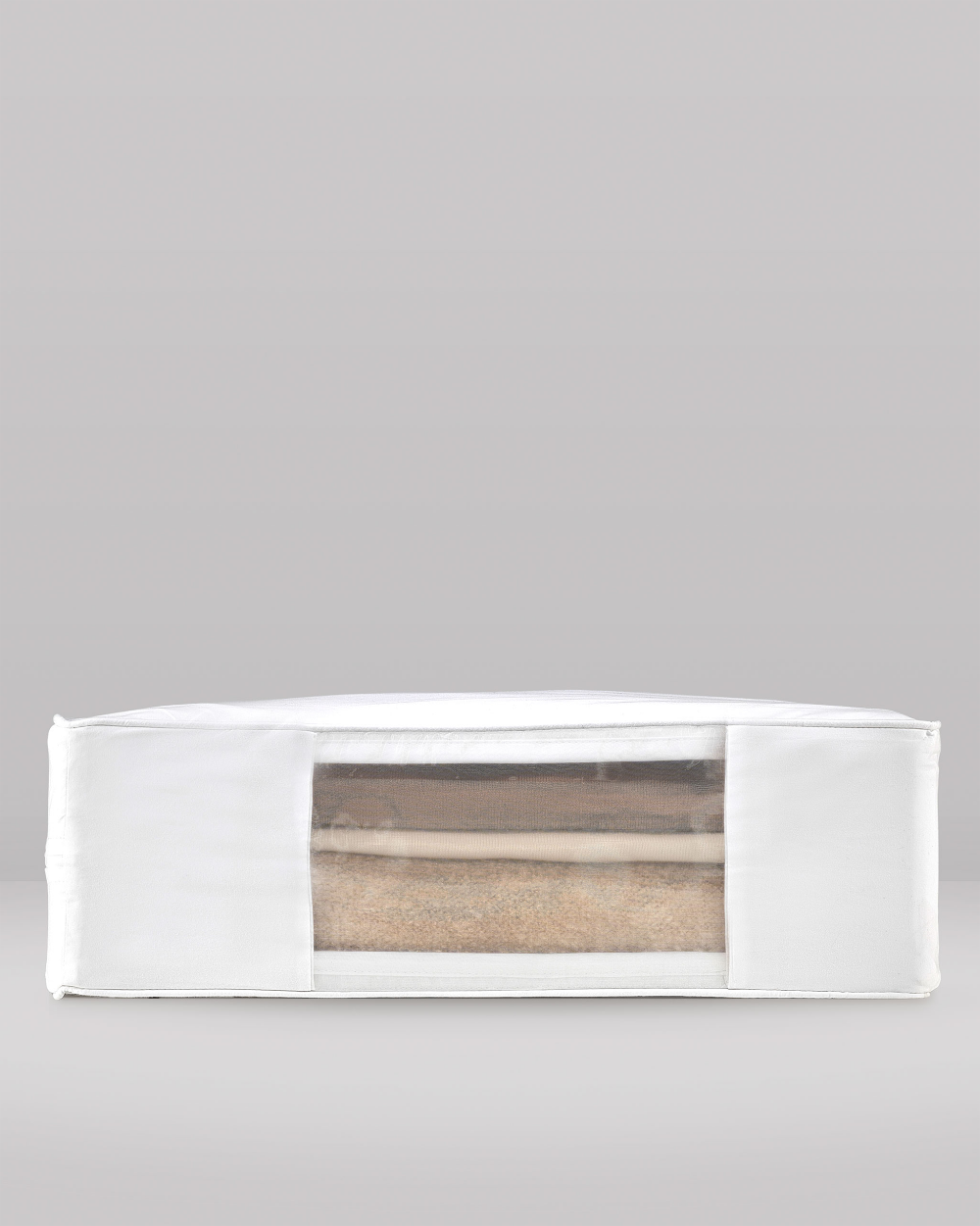 White rectangular storage box with a clear window on a grey background