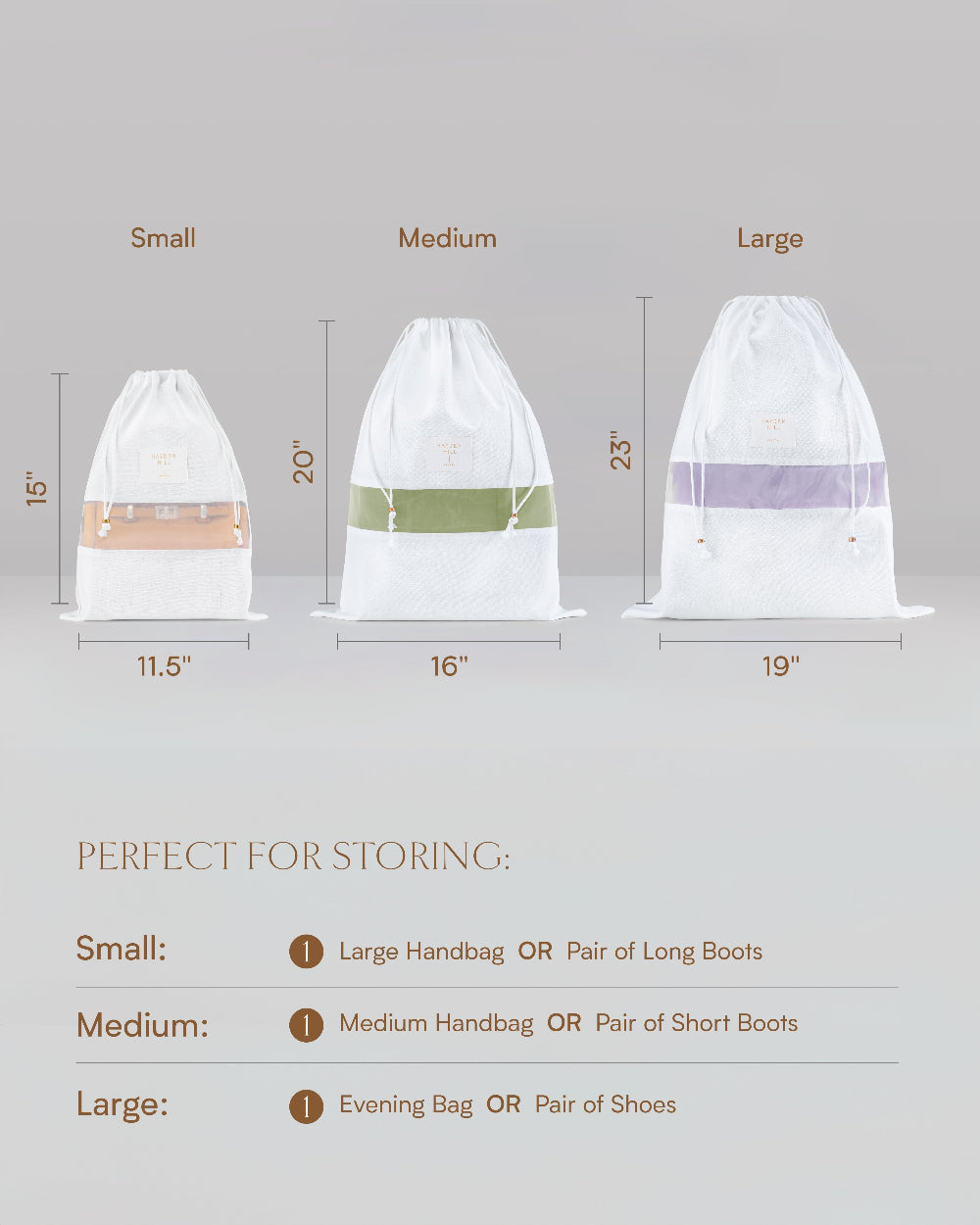 Size chart for drawstring storage bags showing Small, Medium, and Large sizes with dimensions in inches and text suggesting storage uses: Large Handbag, Pair of Long Boots, Medium Handbag, Pair of Short Boots, and Evening Bag, Pair of Shoes.