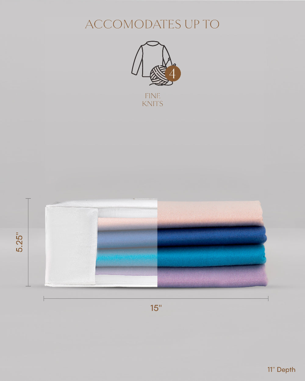 Stack of folded fabric in a clear storage bag with dimensions on a grey background