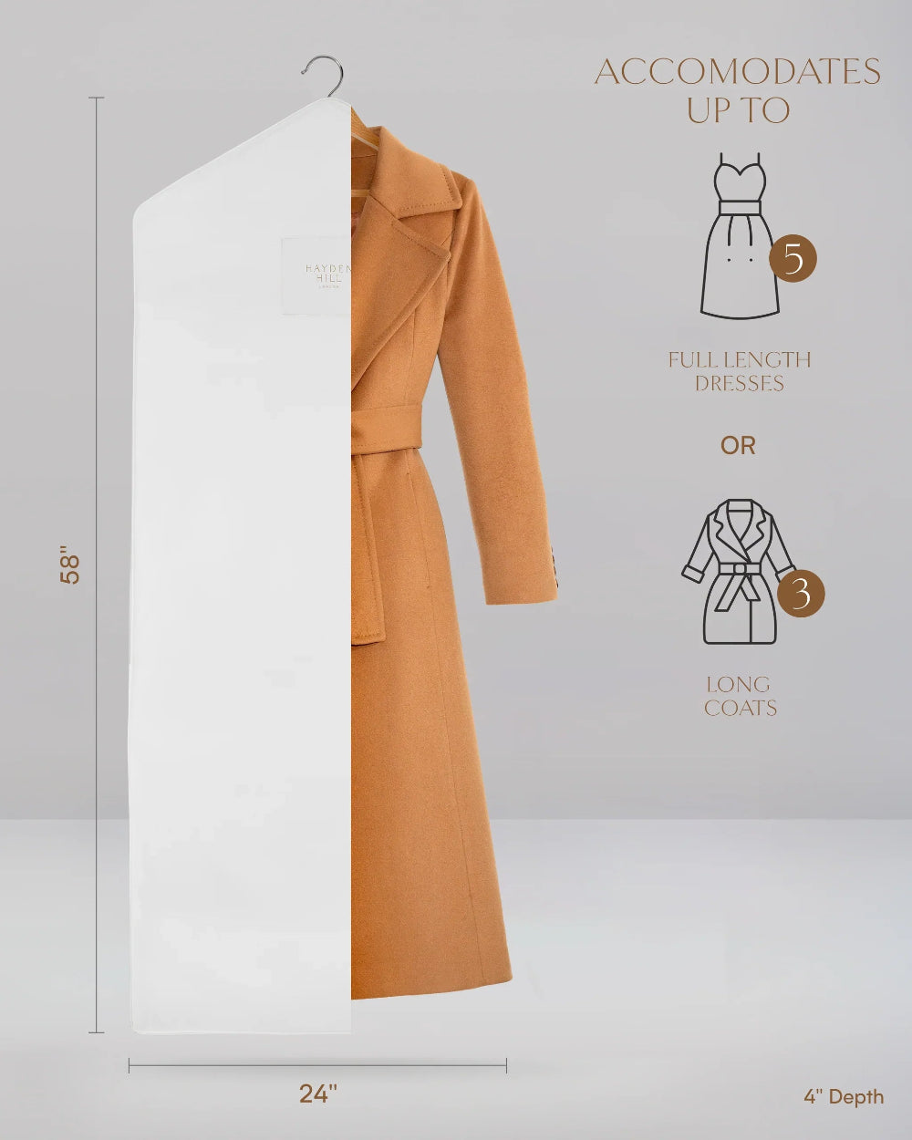 Hanger with a brown coat and measurements on a grey background