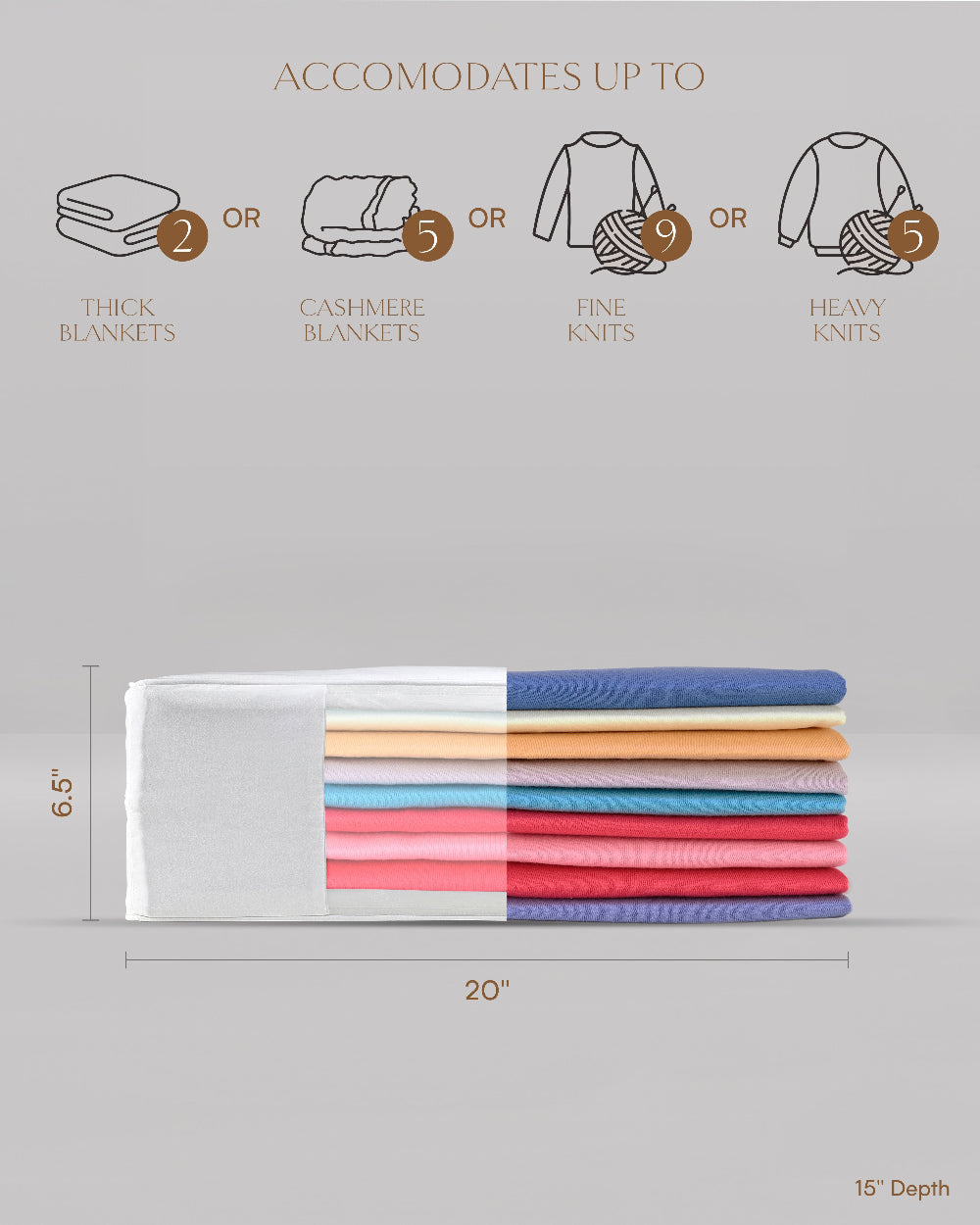 Stack of folded clothes with size and fabric type information on a grey background