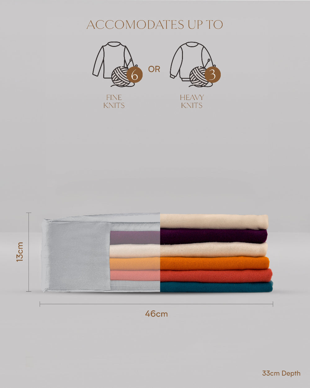 Stack of folded clothes with dimensions and fabric type information on a grey background