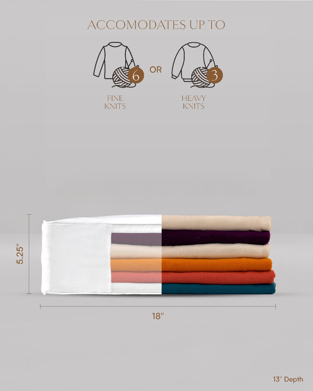 Stack of folded clothes with dimensions and text indicating garment size compatibility on a grey background