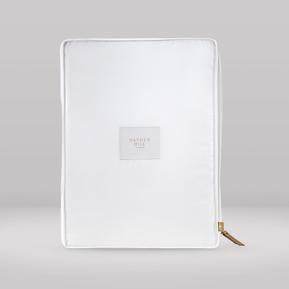 White clothes storage box with leather zipper and 'Hayden Hill' logo on a light grey background