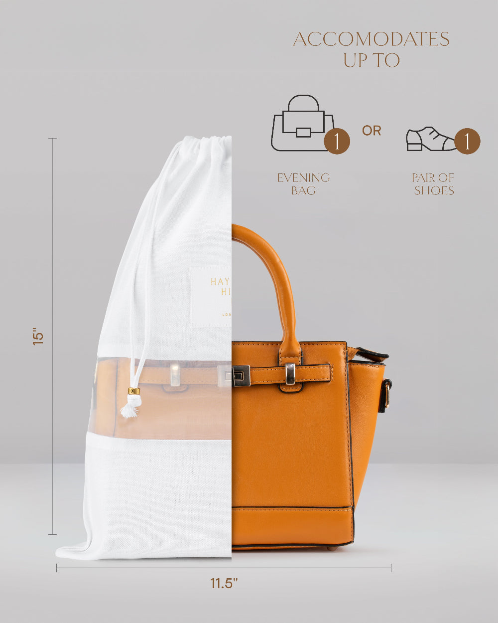 An orange leather evening bag shown beside a white dust bag with dimension markings, plus text stating the bag accommodates up to an 11.5-inch bag or pair of shoes.