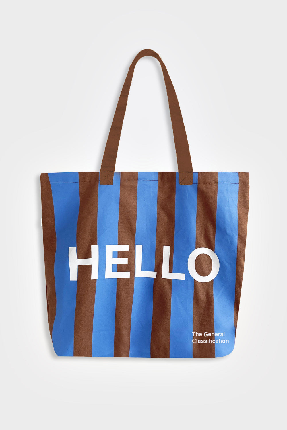 Tote bag with brown and blue stripes and 'HELLO' text on a white background