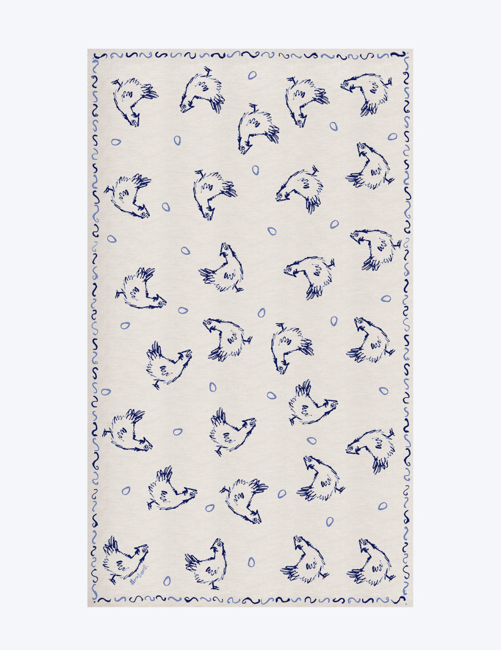 Hen and Eggs linen tablecloth with blue Hens and eggs pattern on a white background