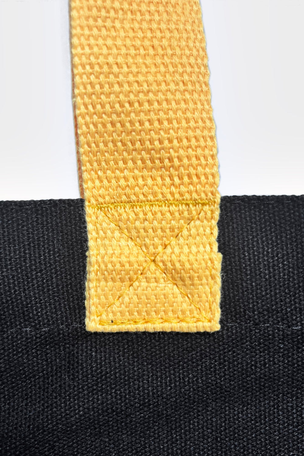 Close-up of a black woven fabric item with a wide yellow webbing strap stitched across the top, showing the texture of both materials.