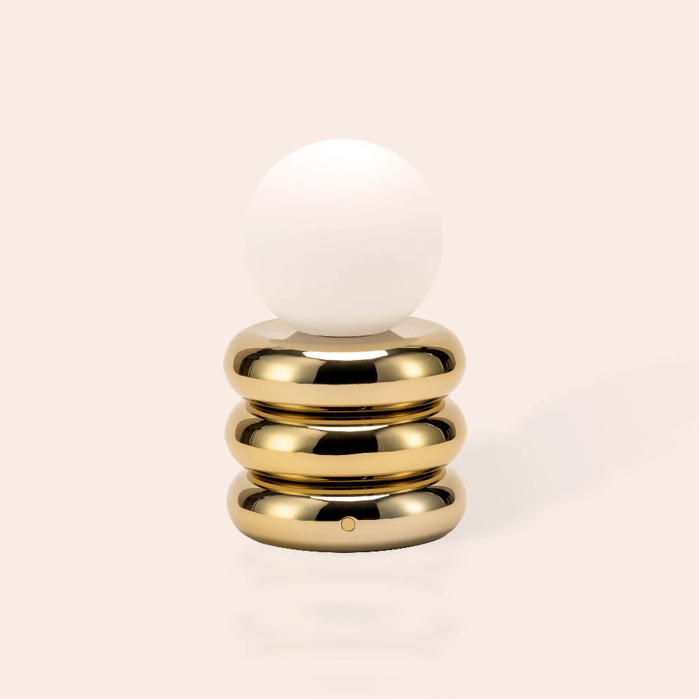 Houseof Brass Tube Cordless Table Lamp with polished brass base and glass globe shade