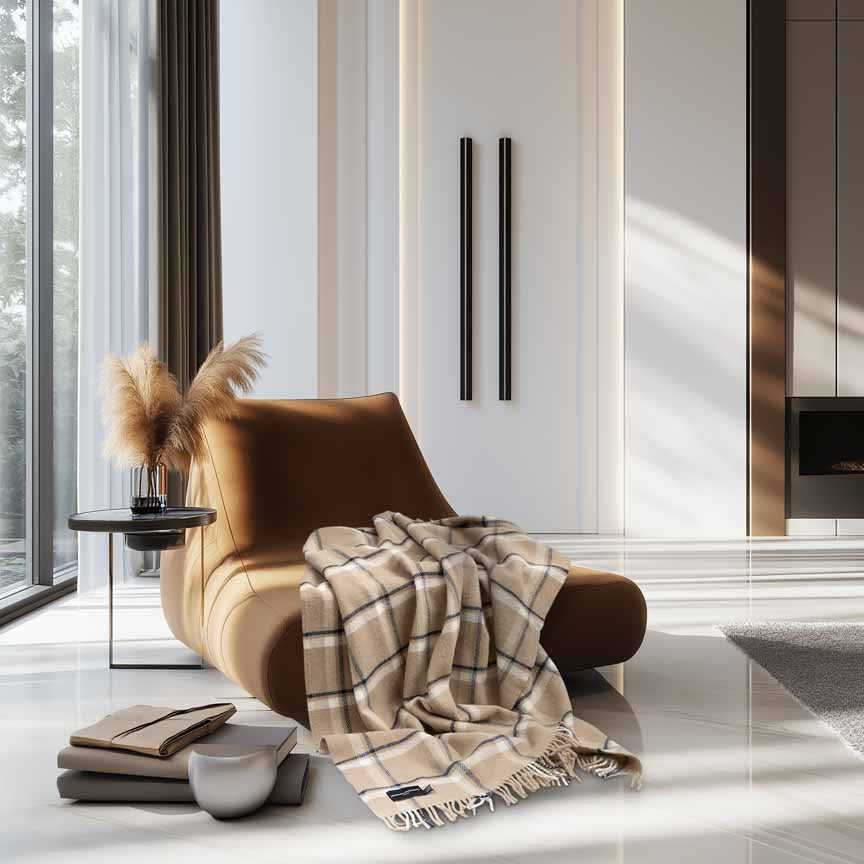 Modern living room with a brown armchair, plaid blanket, and decor items.