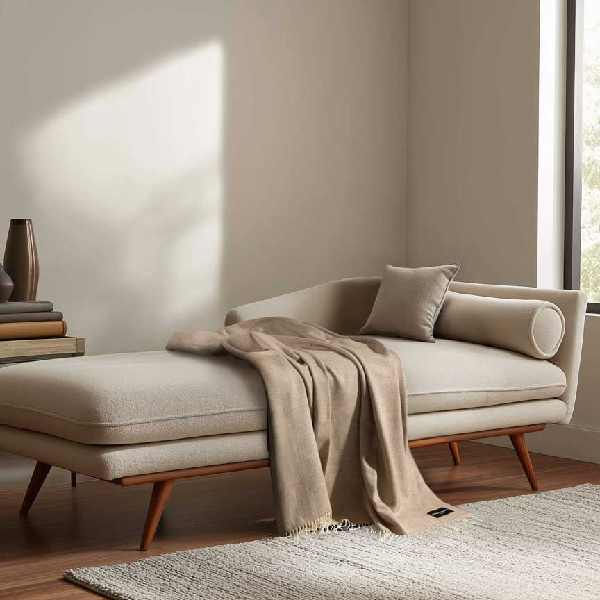 Beige chaise lounge with a blanket in a modern living room setting