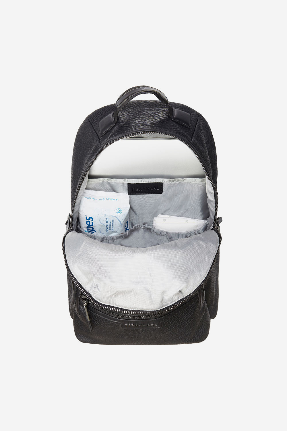 Black backpack with white interior on a white background