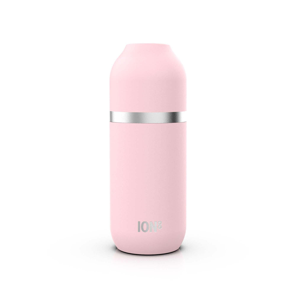 Pink thermos bottle with silver band on a white background