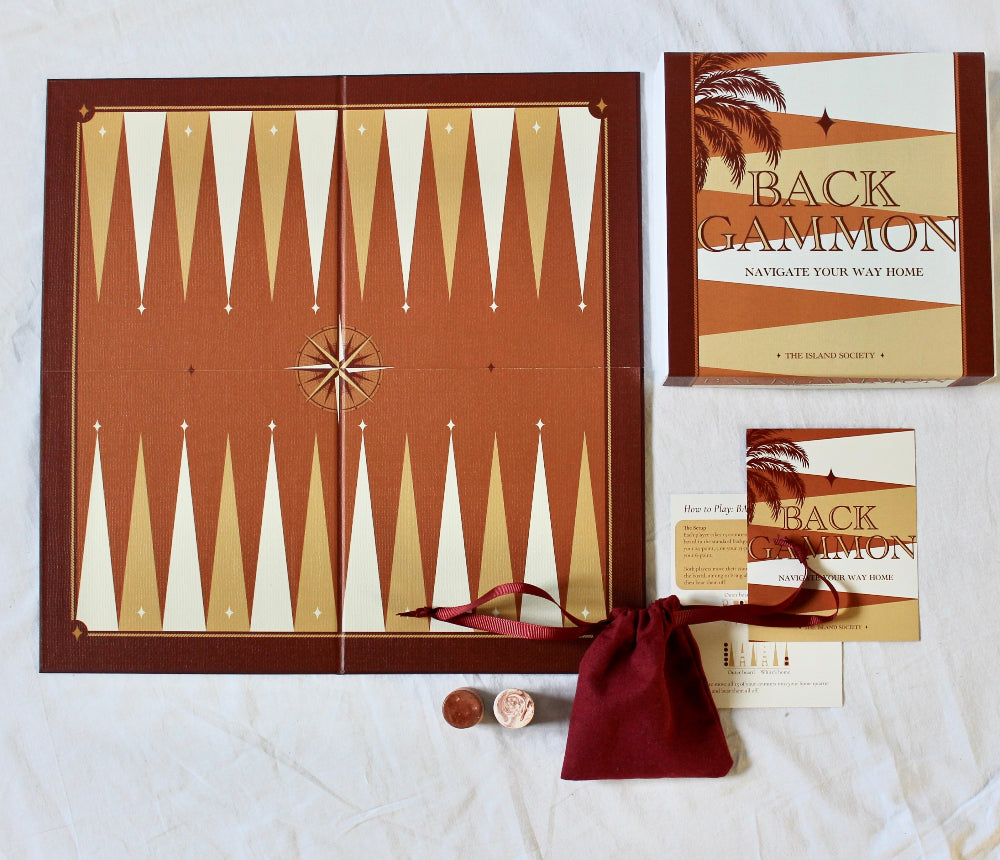 The Island Society travel backgammon set with terracotta board, compass design, handmade counters and presentation box.