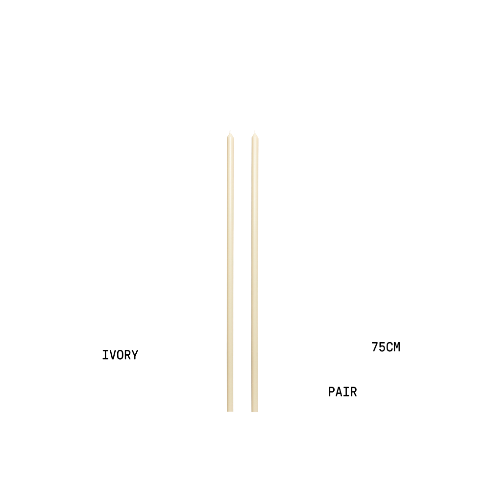 Two ivory tapered candles with measurements 75cm on a white background