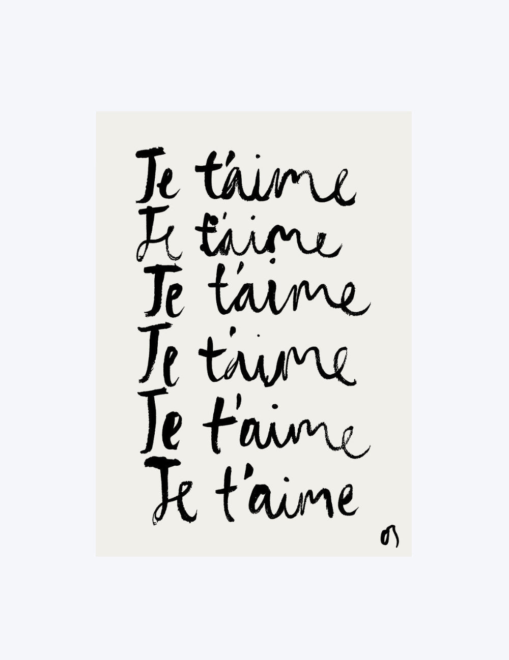 Repetition of 'Je t'aime' in black text on a beige background