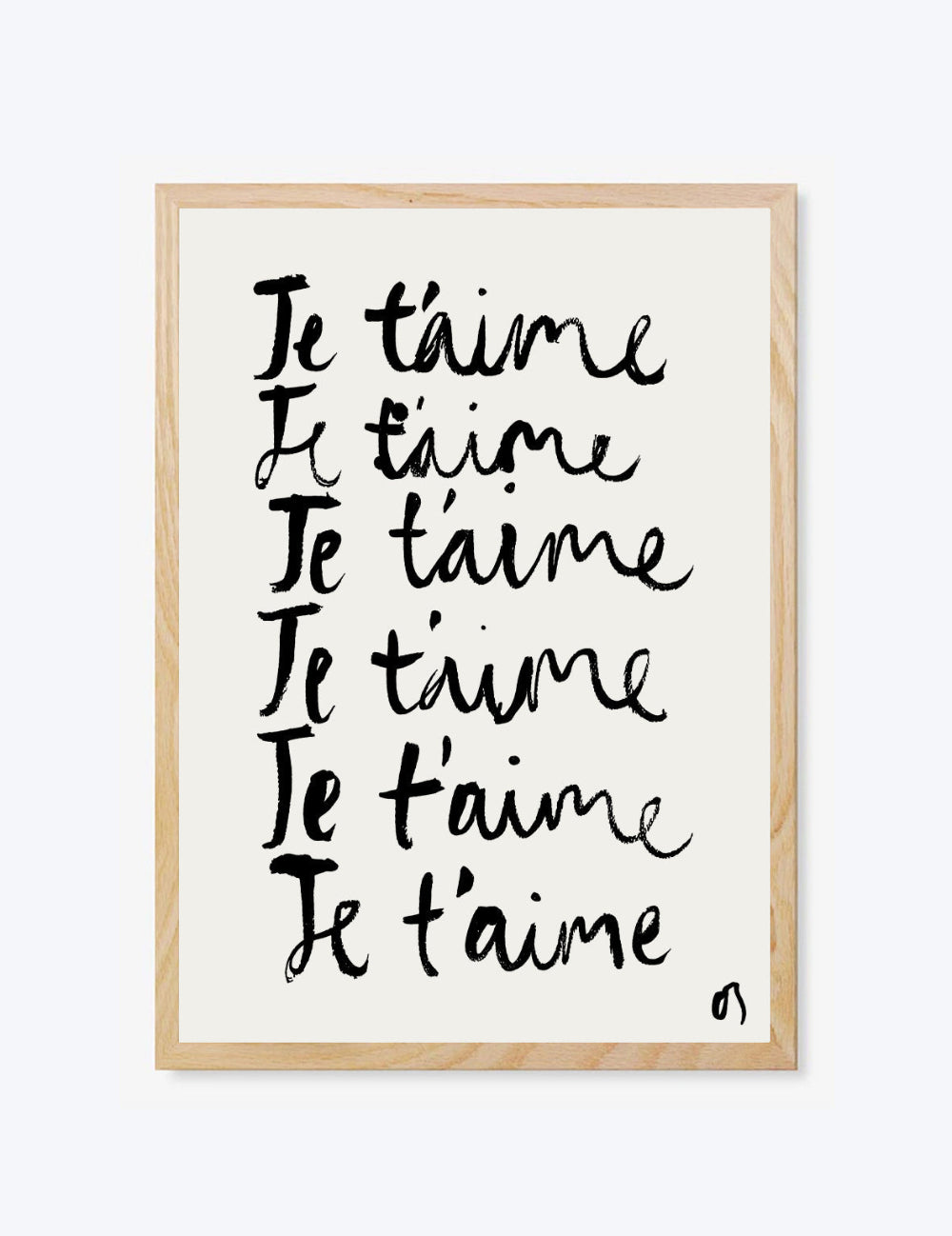 Framed artwork with 'Je t'aime' text on a white background