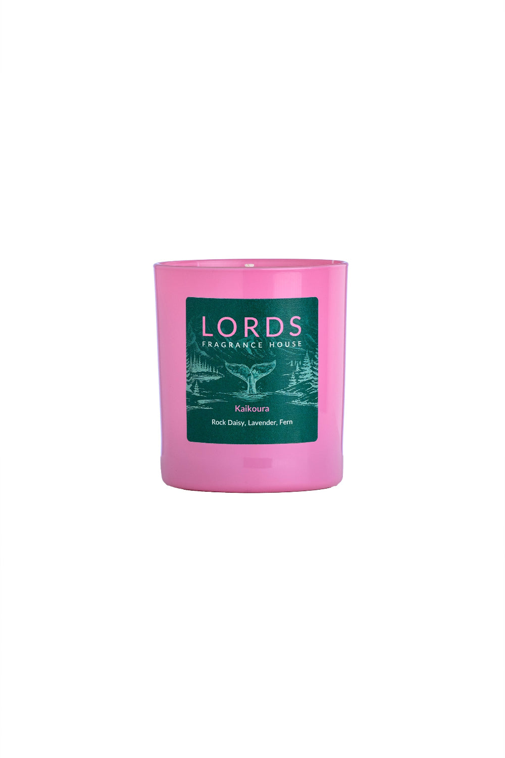 Pink candle with a green label on a white background