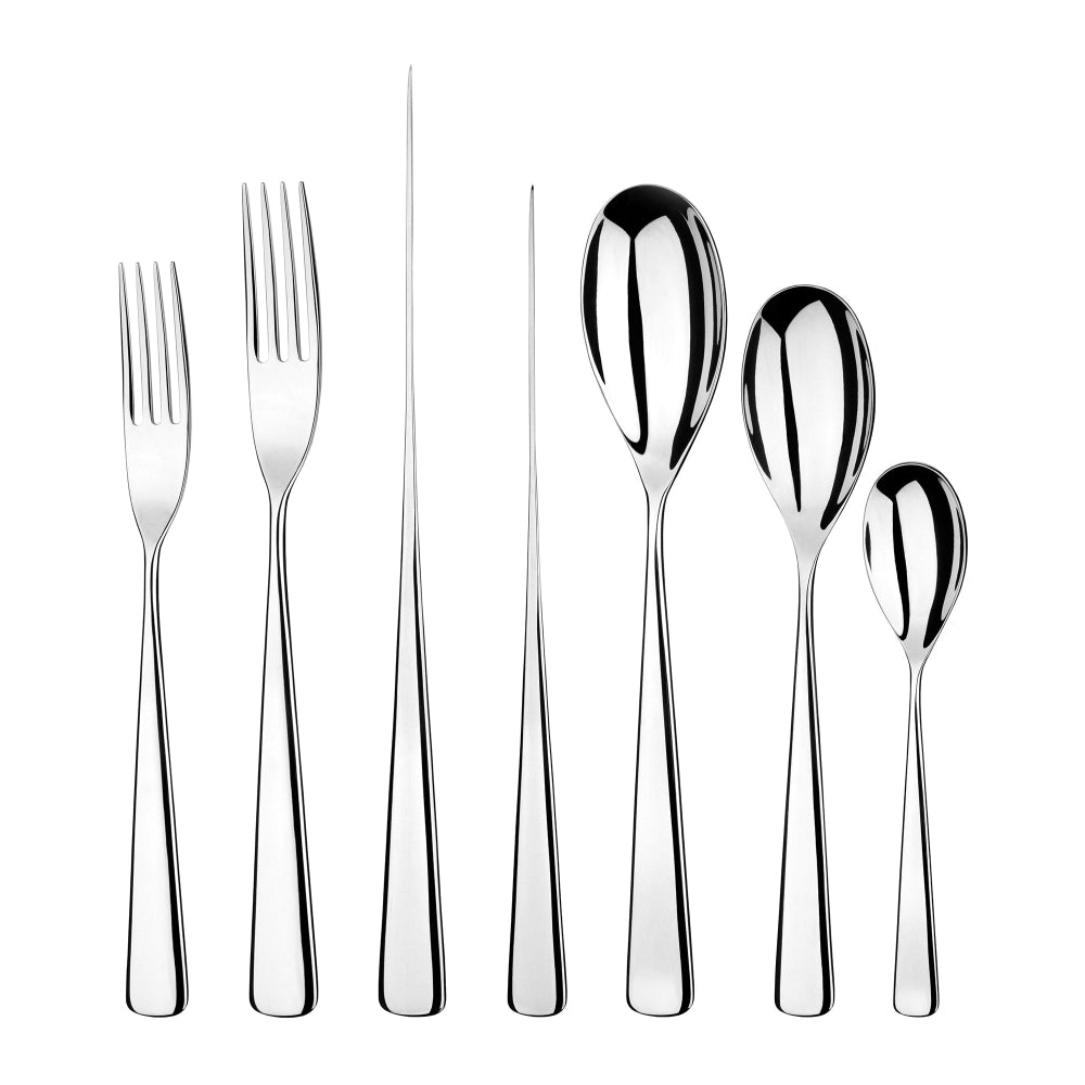 Set of silver cutlery including forks and spoons on a white background