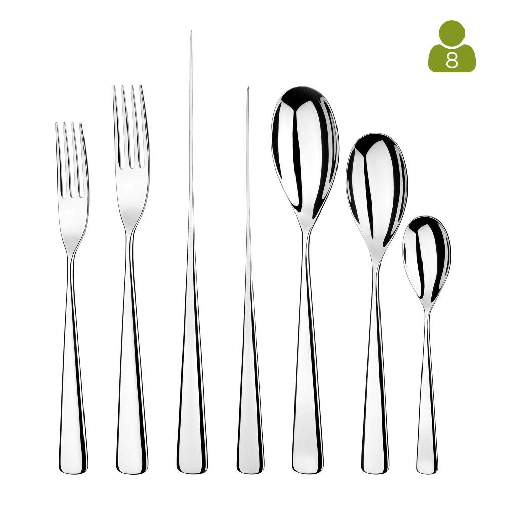 Set of eight silver cutlery including forks and spoons on a white background