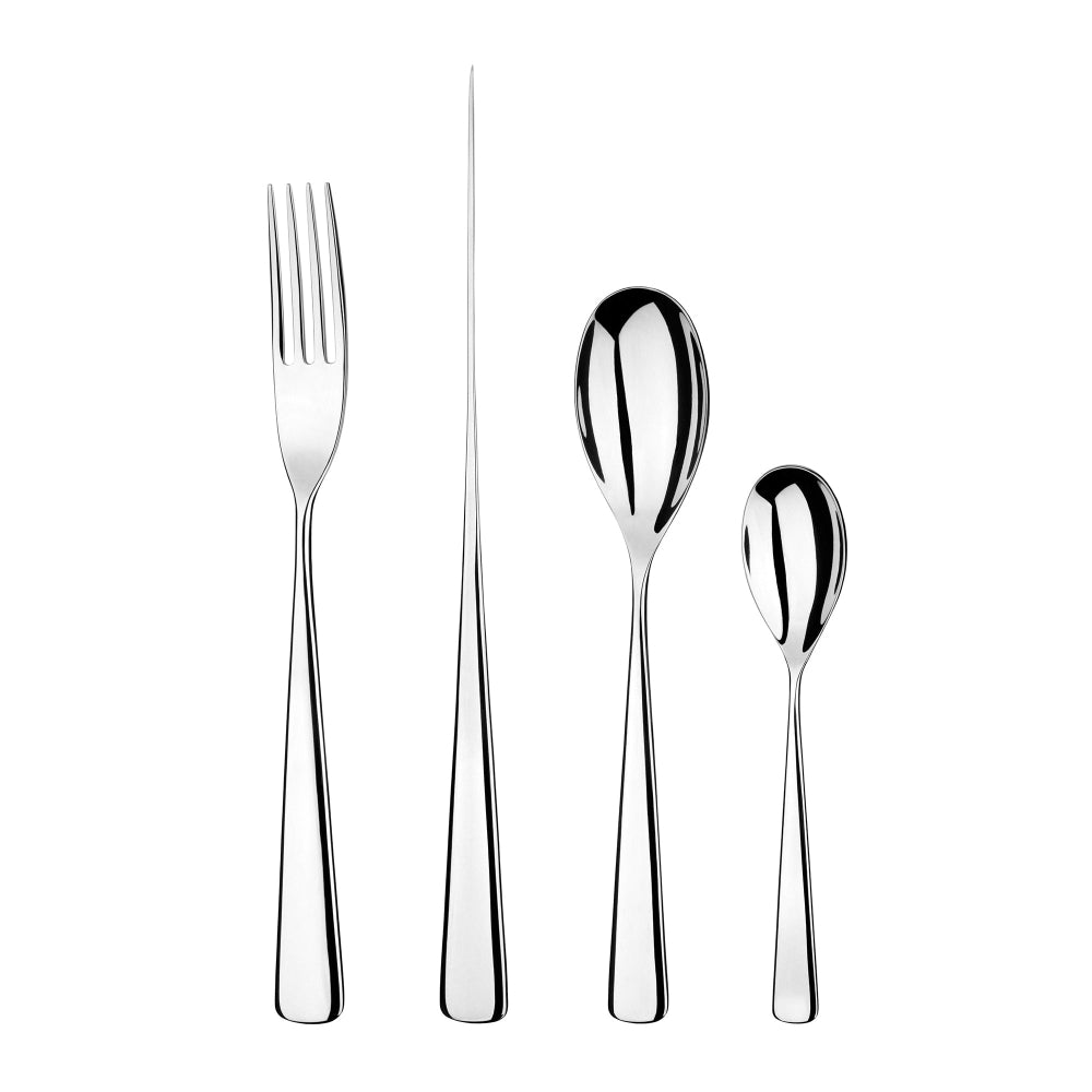 Set of silver cutlery including a fork, knife, and two spoons on a white background