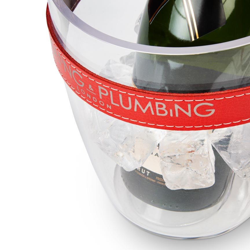 Clear wine cooler with red band labelled 'Heating & Plumbing' on a white background