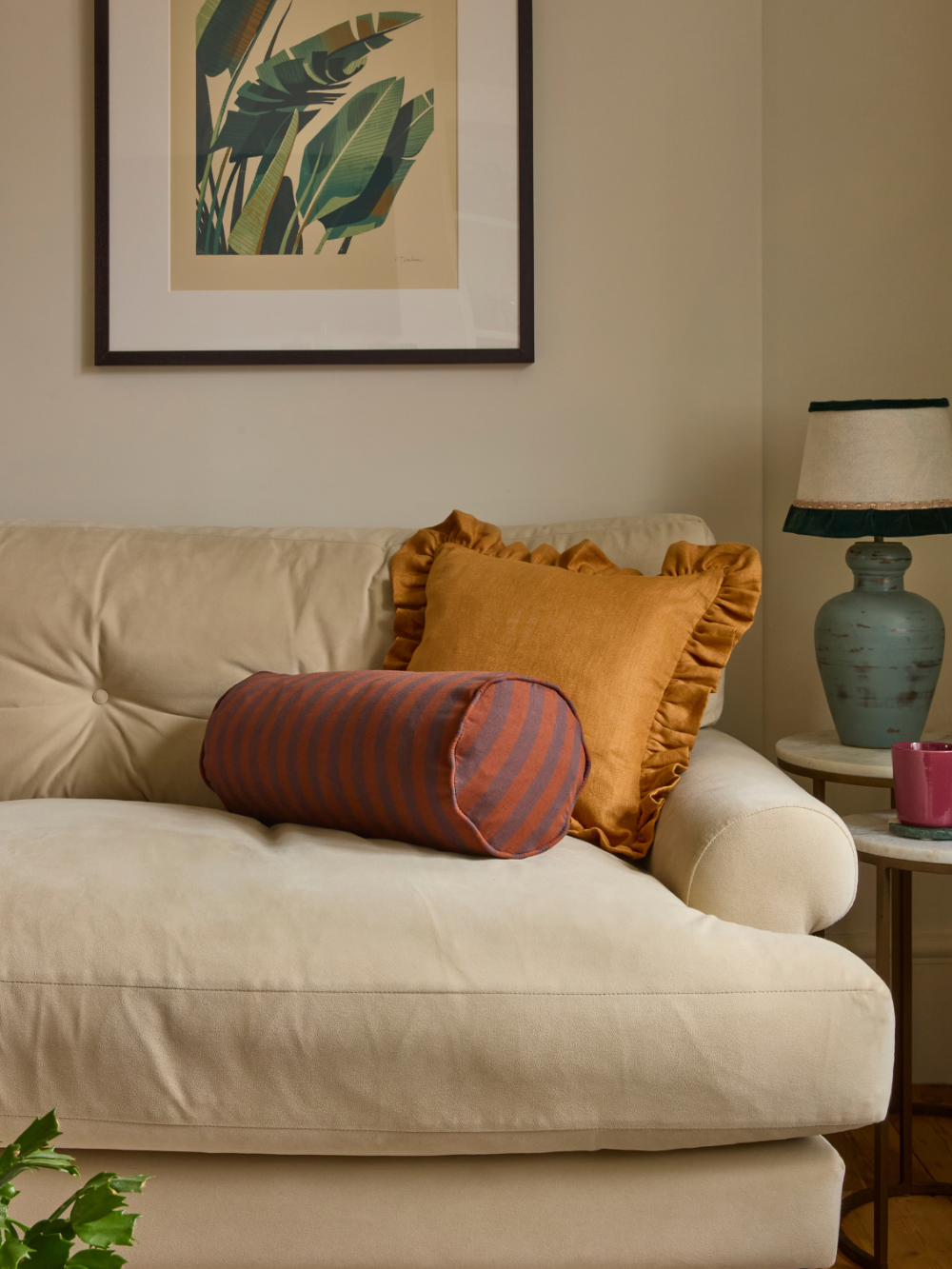 Kika Bespoke chocolate and rust striped cotton linen bolster cushion