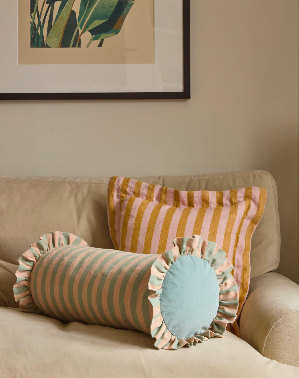 Kika Bespoke jade and sand striped bolster cushion with ruffled edge