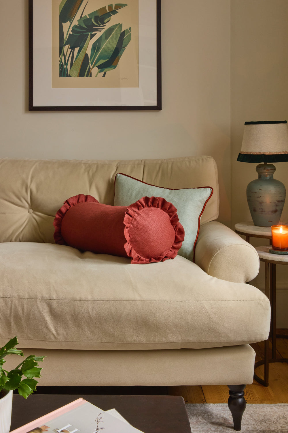 Kika Bespoke rust pure linen ruffled bolster cushion