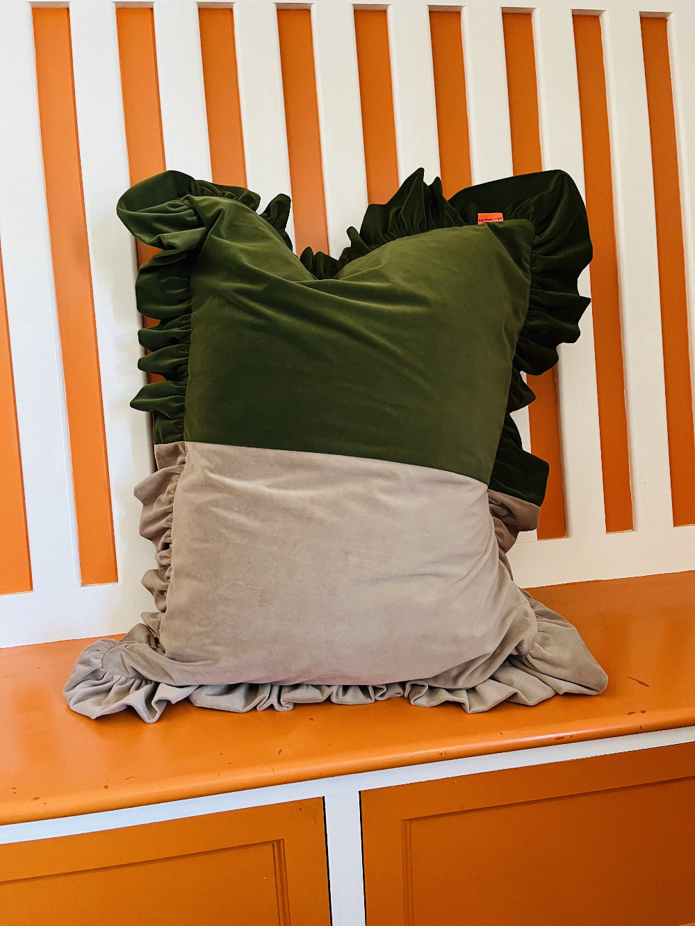 Kika Bespoke Stone and Forest Green two-tone velvet cushion styled indoors