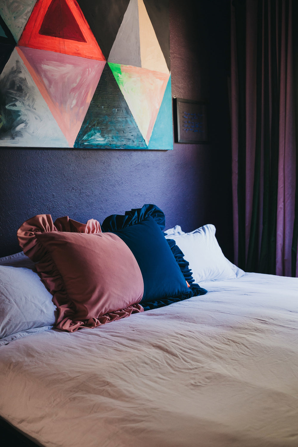 Kika Bespoke two-tone velvet ruffled cushion in Teal and Coral