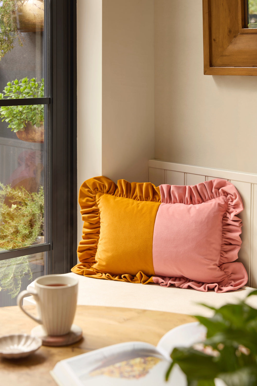 Kika Bespoke two-tone velvet ruffled cushion in Turmeric and Coral