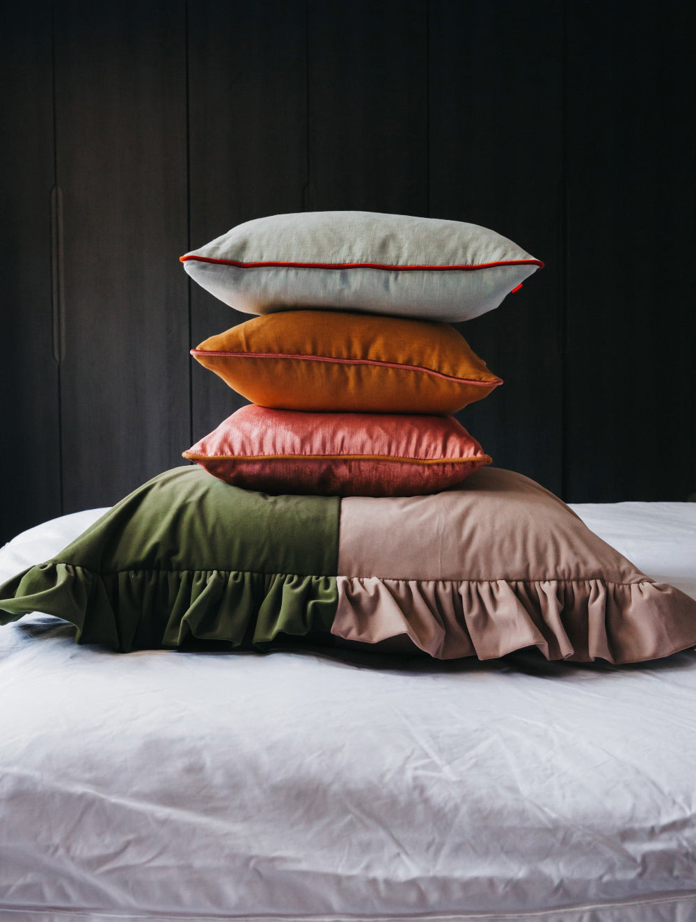 Collection of Kika Bespoke two-tone velvet ruffled cushions in multiple colourways