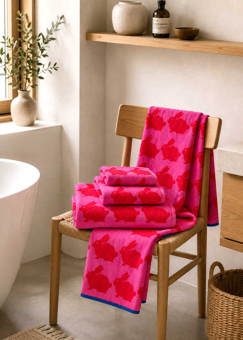 Pink patterned rabbit towels on a wooden chair in a bathroom setting