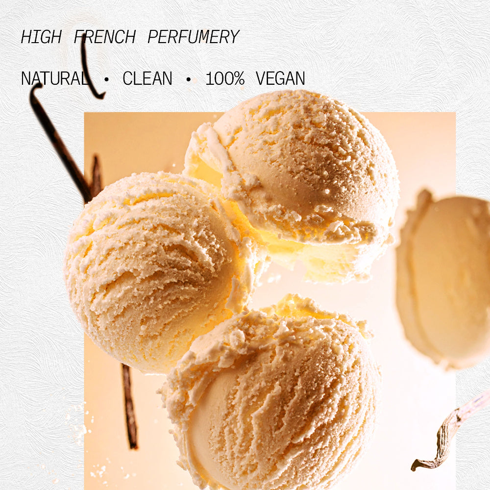 Three scoops of vanilla ice cream with a vanilla bean on a light background, labeled as high French perfumery.