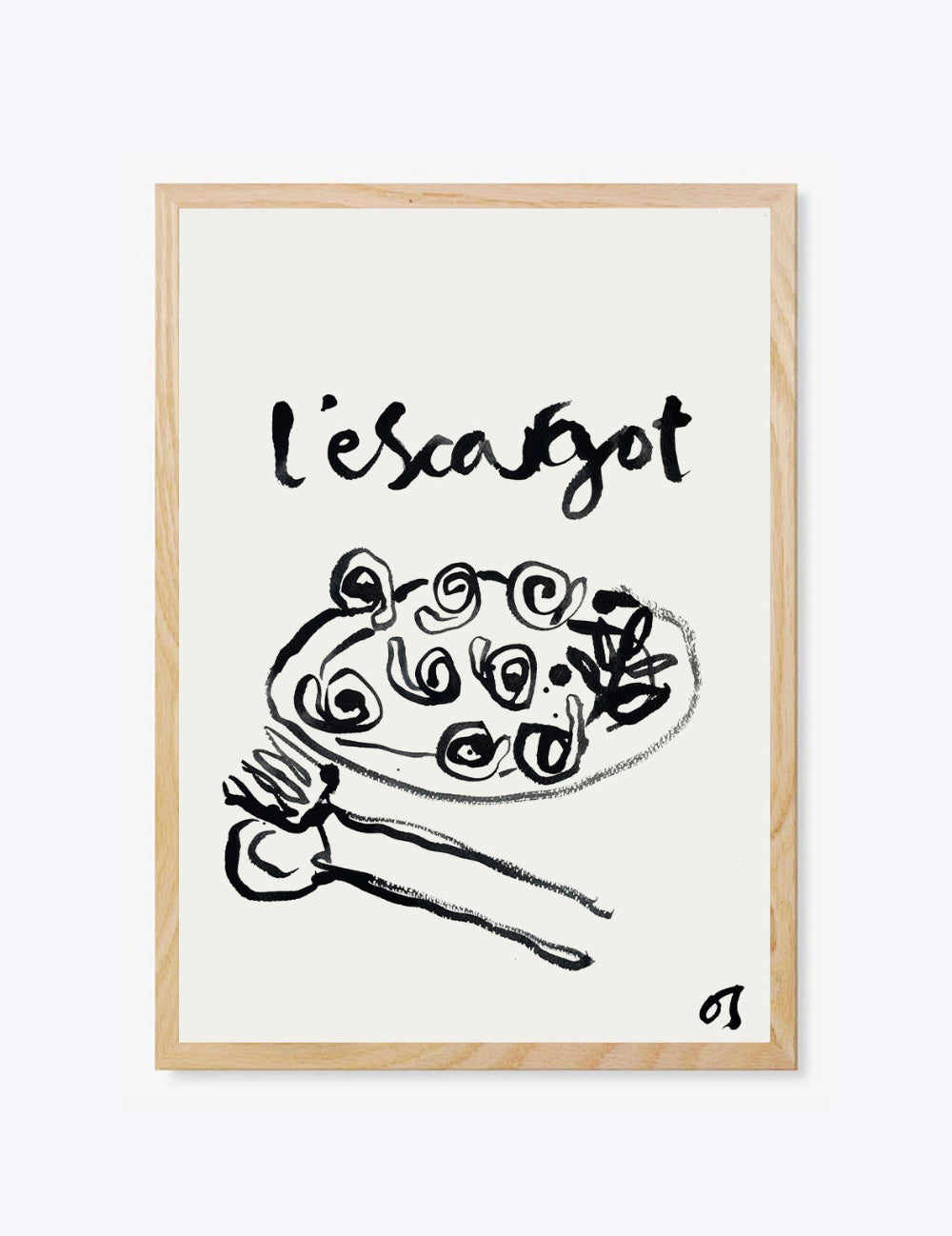 Framed artwork with a plate of escargots and the text 'L'escargot' on a white background.